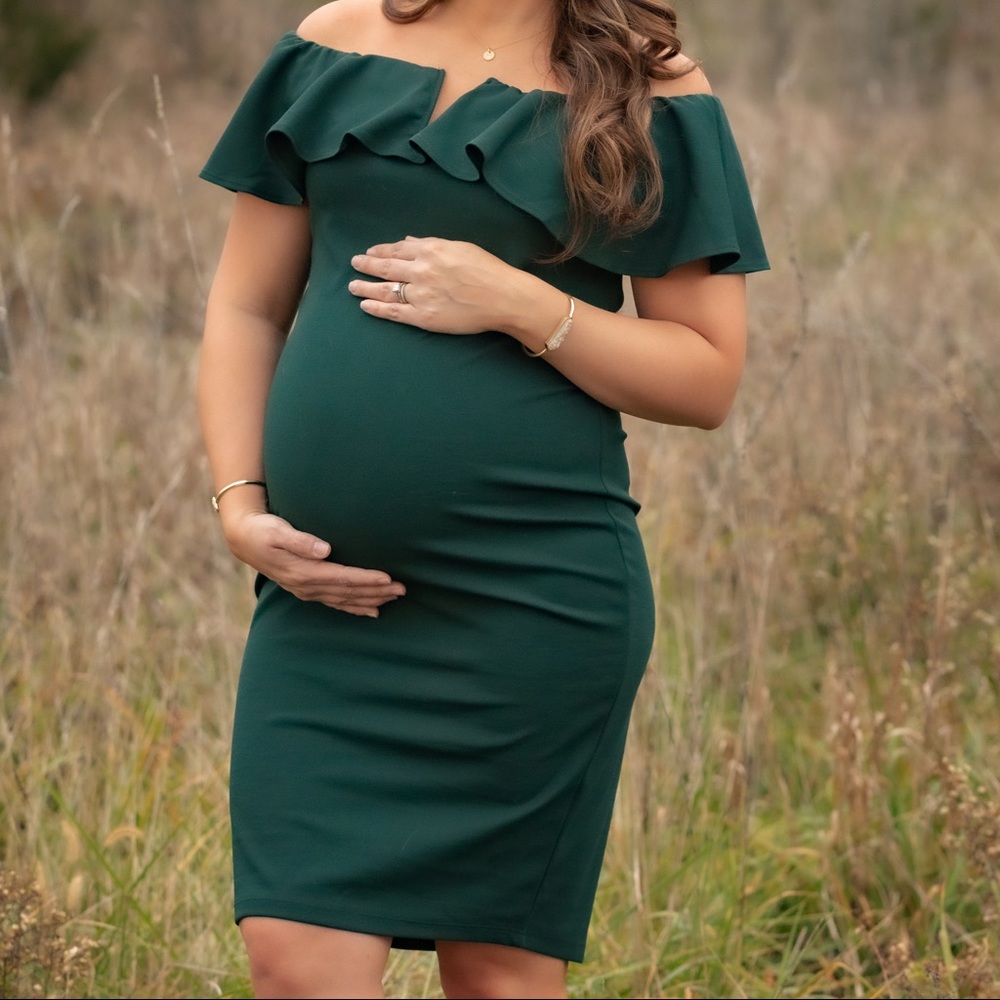 Pink Blush Maternity Green ruffle off the shoulder dress